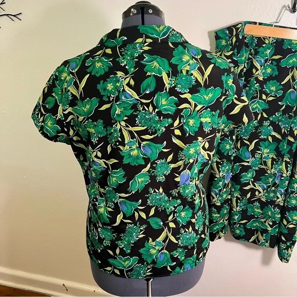Vintage Sag Harbor Women's Size 16 Skirt Set Black Green Blue Tropical Floral